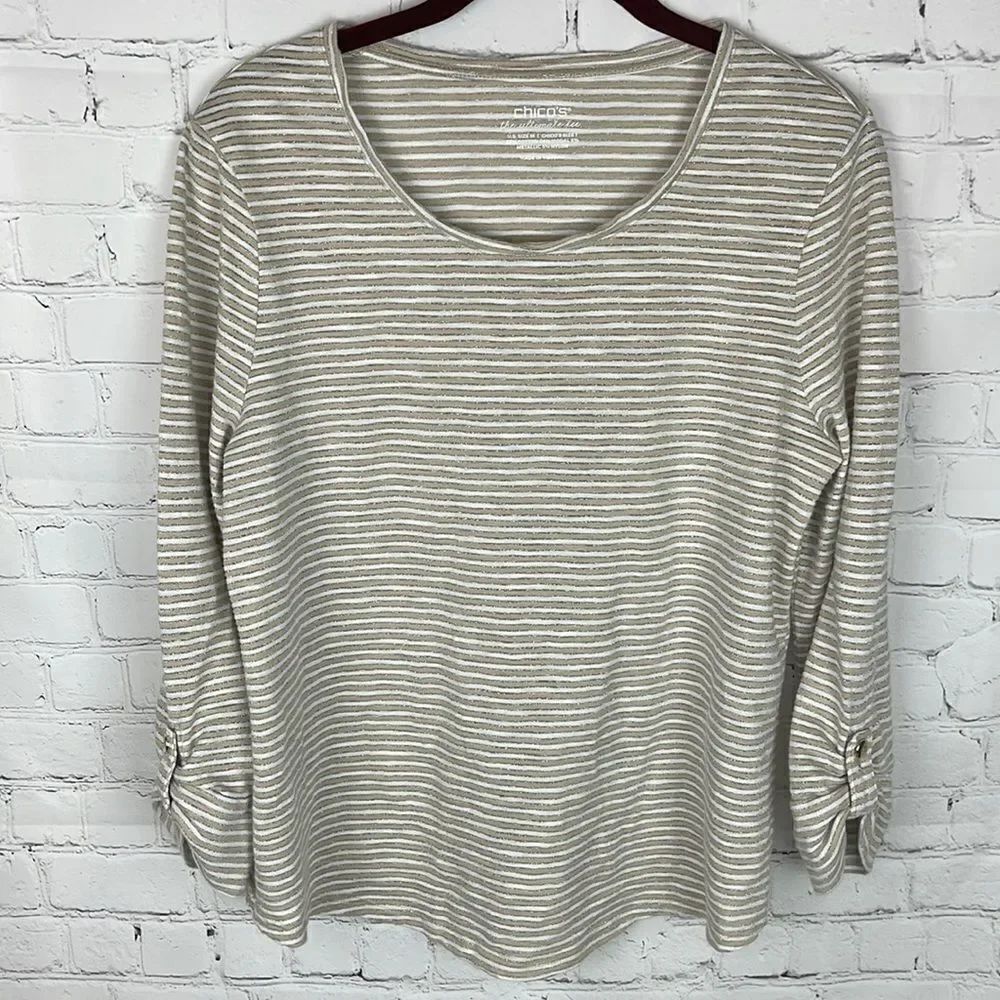 Chico’s Striped Shirt with Silver Sparkle Stripe Size Medium